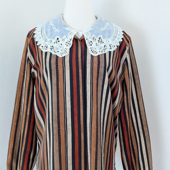 *Free with Purchase* 90’s Striped Long Sleeve Blouse Earth Tones Collar - Picture 8 of 10